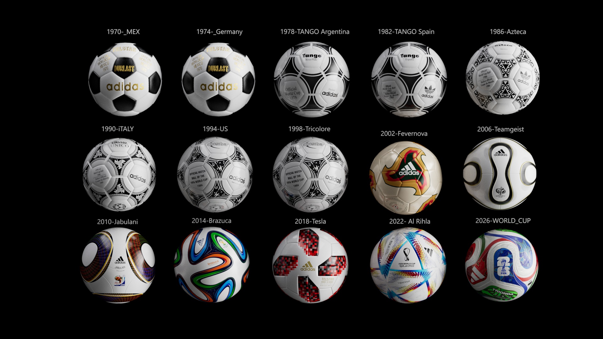 Every World Cup match ball from 1970 to 2026, all rebuilt in CGI